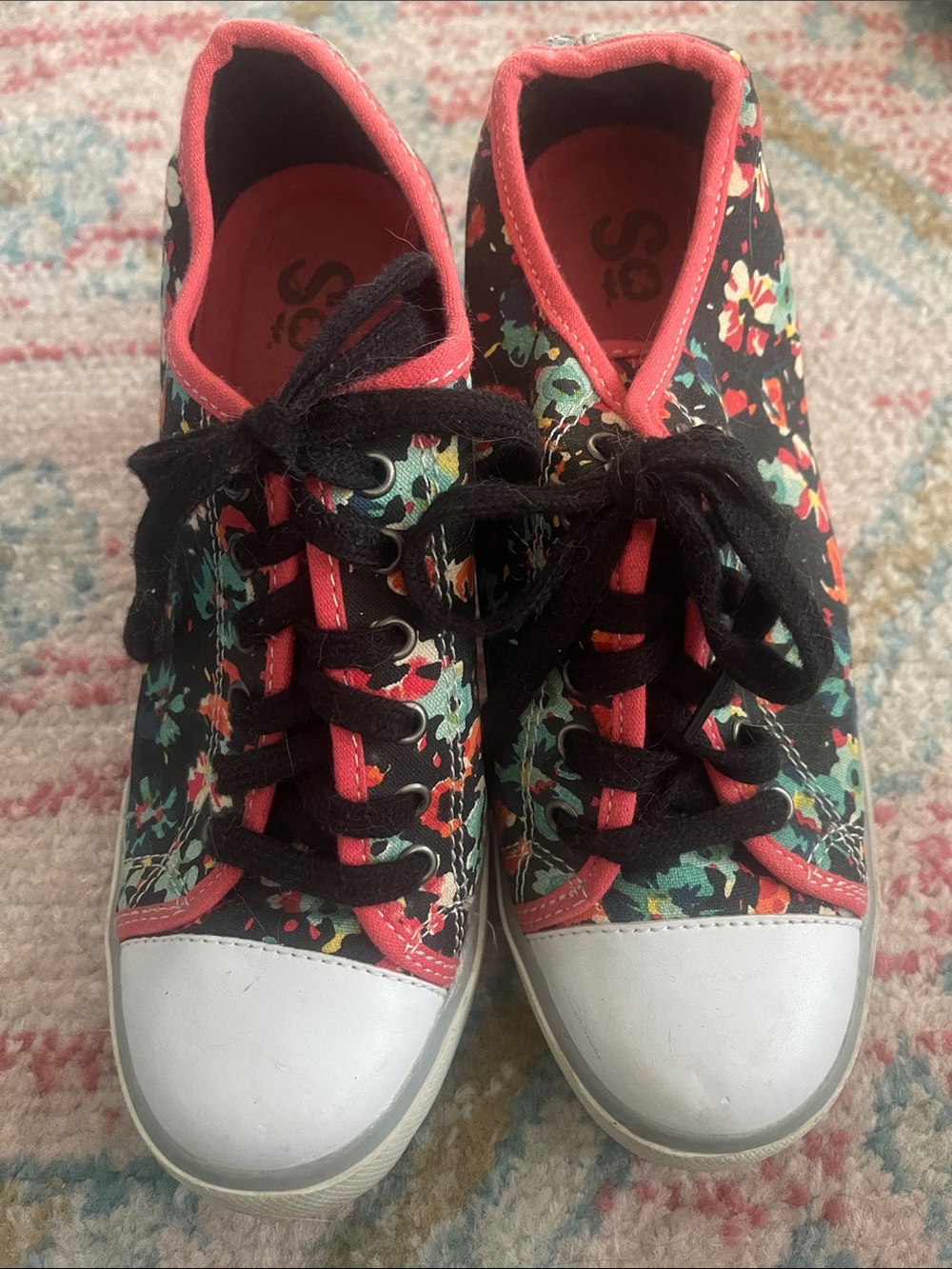 Floral Lace-Up Canvas Platform Sneakers in Black and Coral